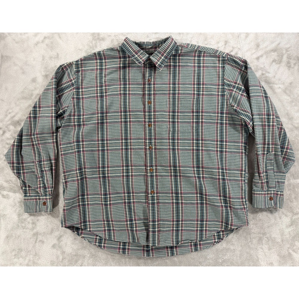 Vintage LL‎ Bean Flannel Shirt Mens XXL Green Blue Plaid Button Up Chest Pocket